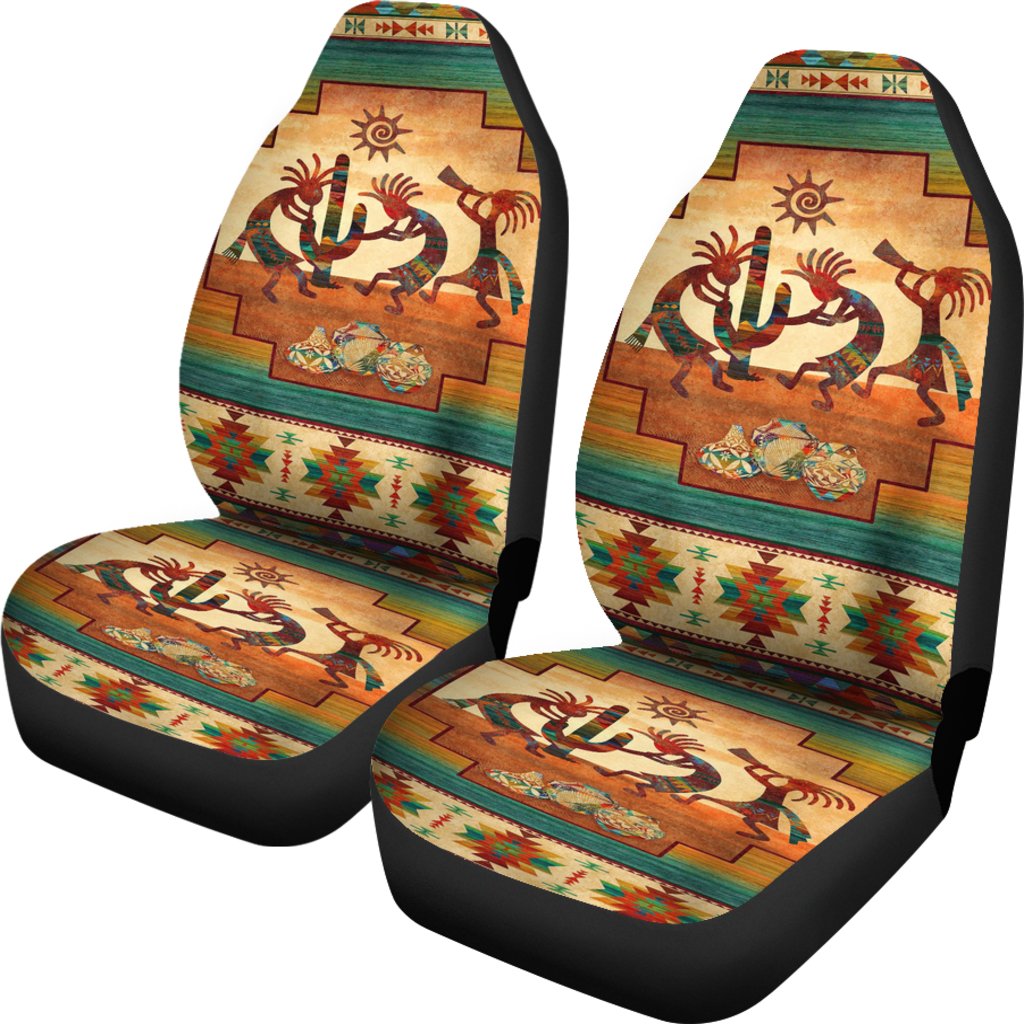 Front seat car cover pair, multicolor Kokopelli totem art with patterned borders