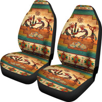 Front seat car cover pair, multicolor Kokopelli totem art with patterned borders
