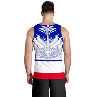 Men’s blue tank top back with palm tree emblem and crest on white band