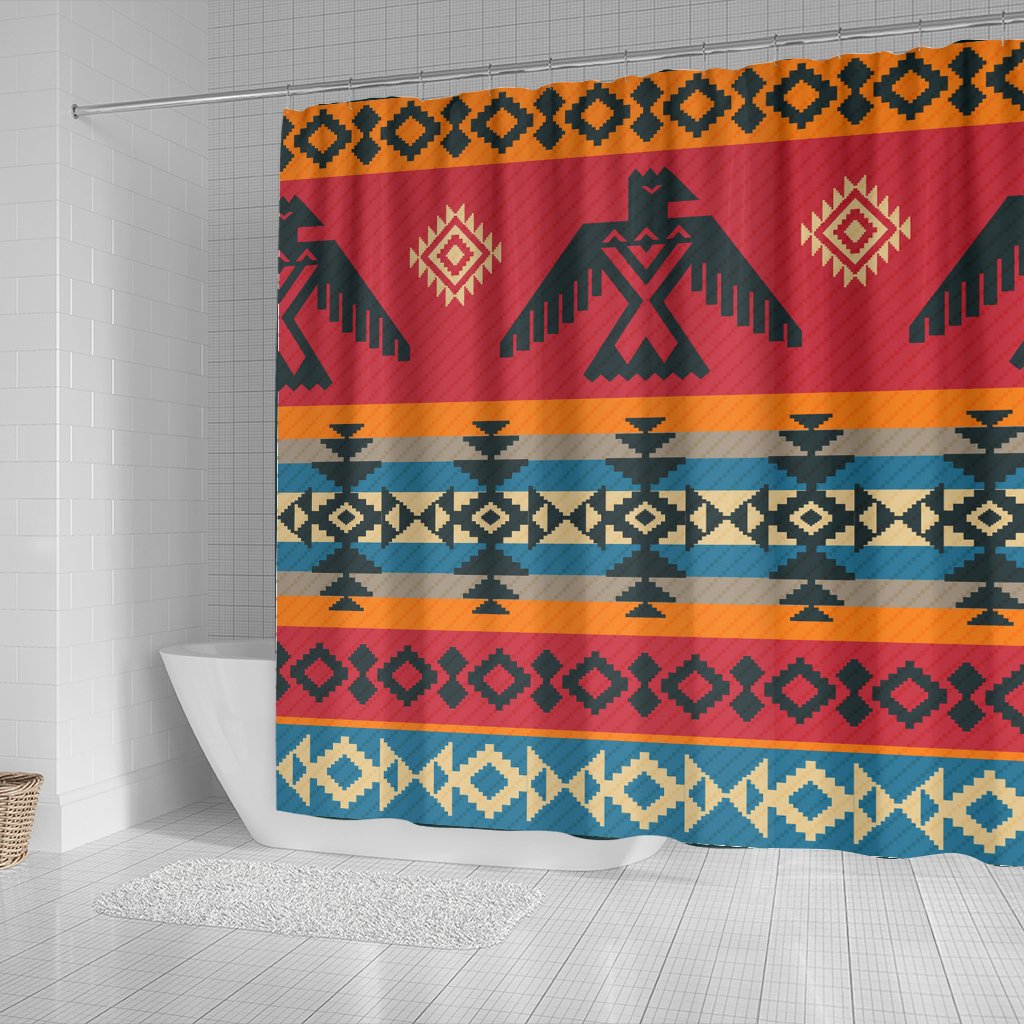 Native-style shower curtain panel with red base and teal, orange, beige diamond bands