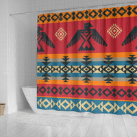 Native-style shower curtain panel with red base and teal, orange, beige diamond bands