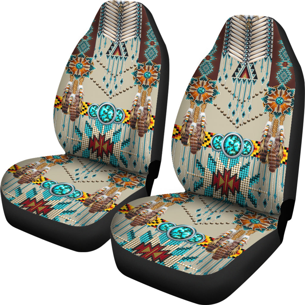 Set of 2 turquoise blue patterned seat covers, front seats with fringe and medallion designs