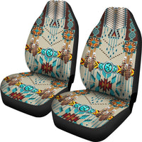 Set of 2 turquoise blue patterned seat covers, front seats with fringe and medallion designs