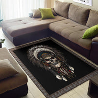 Native American skull area rug featuring feather headdress graphic on black with patterned trim