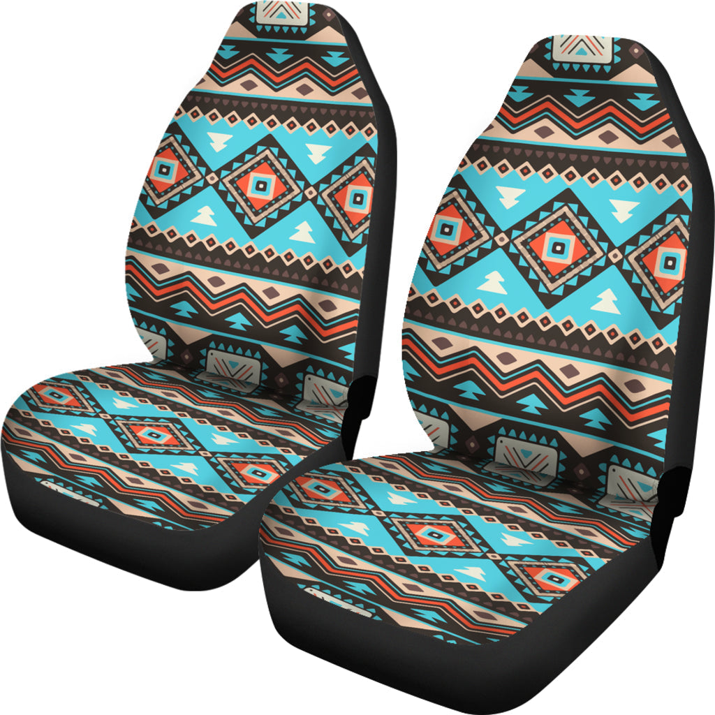 Set of two car seat covers, turquoise tribal geometric pattern with black side panels.