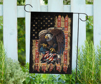 House flag decor with multicolor bald eagle graphic, stars and red-and-gold columns