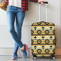 Yellow luggage cover with bold Aztec-style geometric pattern and secure fit for rolling suitcase