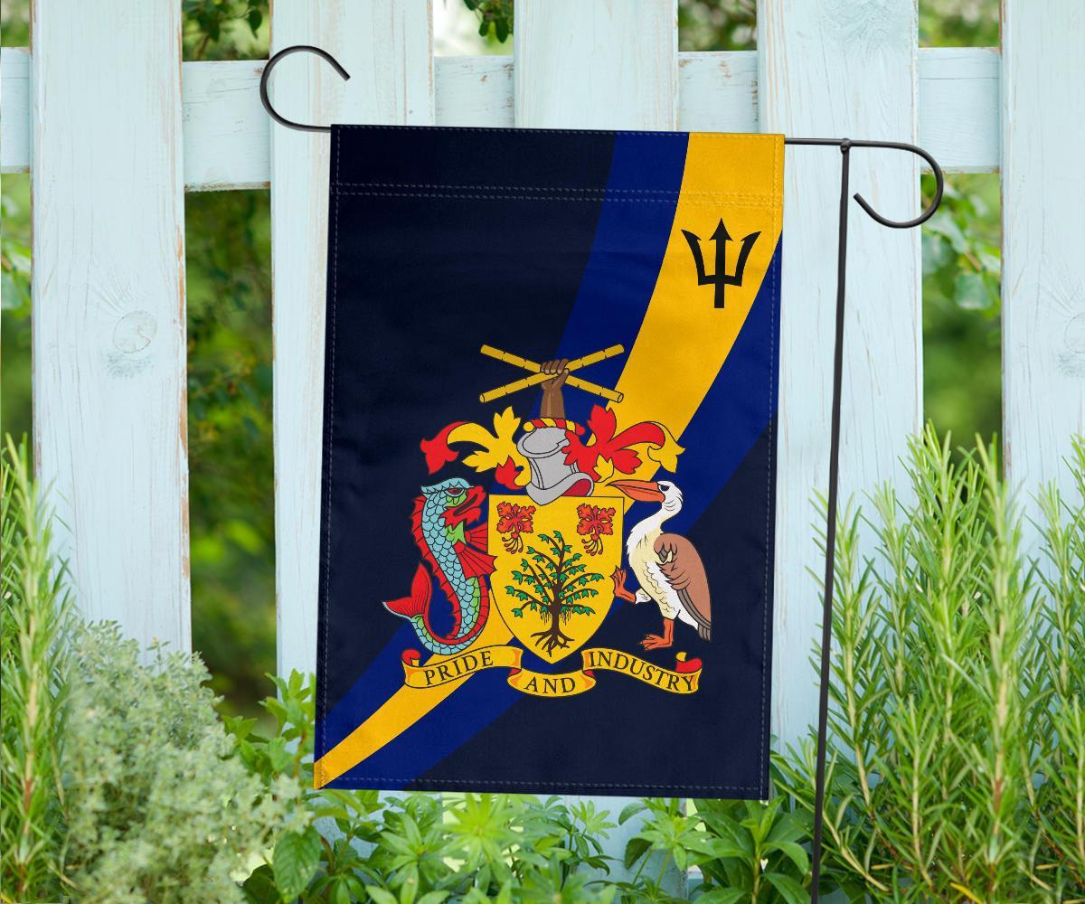 Barbados flag on pole: dark blue fabric with yellow diagonal stripe and Barbados crest