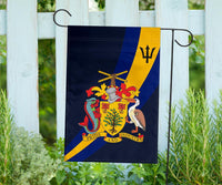 Barbados flag on pole: dark blue fabric with yellow diagonal stripe and Barbados crest