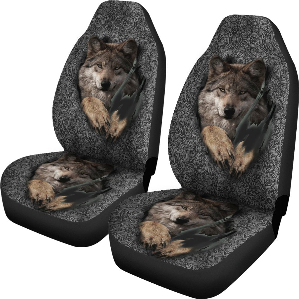 Set of two wolf-face car seat covers, gray swirl backdrop and wolf paws on cushions