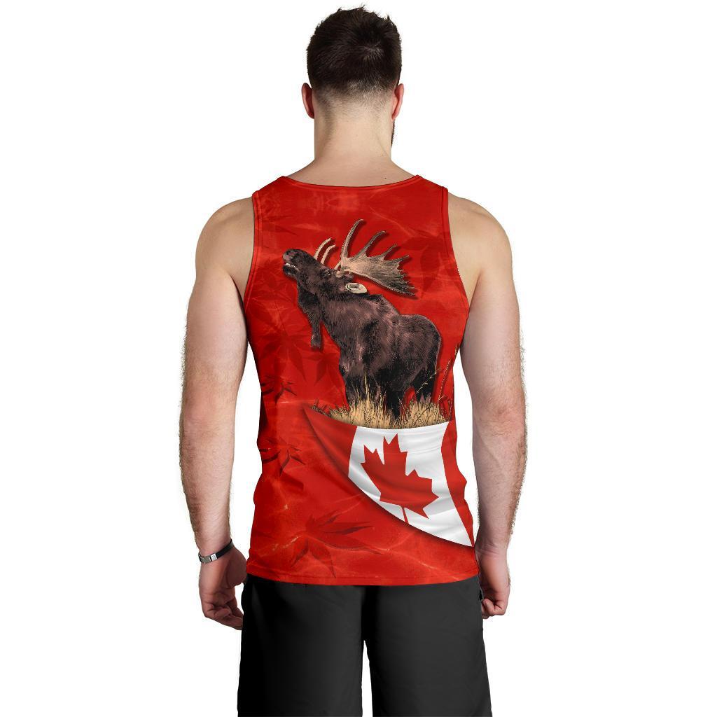 Red men’s tank top back view with moose print and Canada maple leaf graphic
