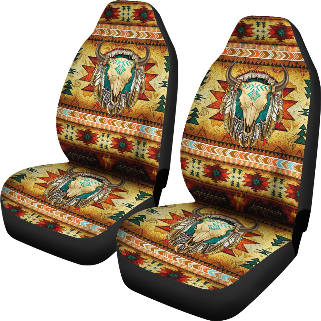 Set of 2 car seat covers with tribal bison artwork; colorful southwestern pattern; black trim