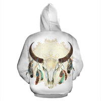 White pullover hoodie, back view, multicolor bison skull mandala with dreamcatcher feathers