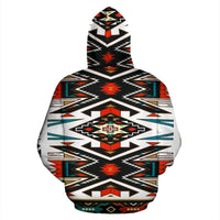 Colorful Native-style tribal print zip hoodie, hooded back view
