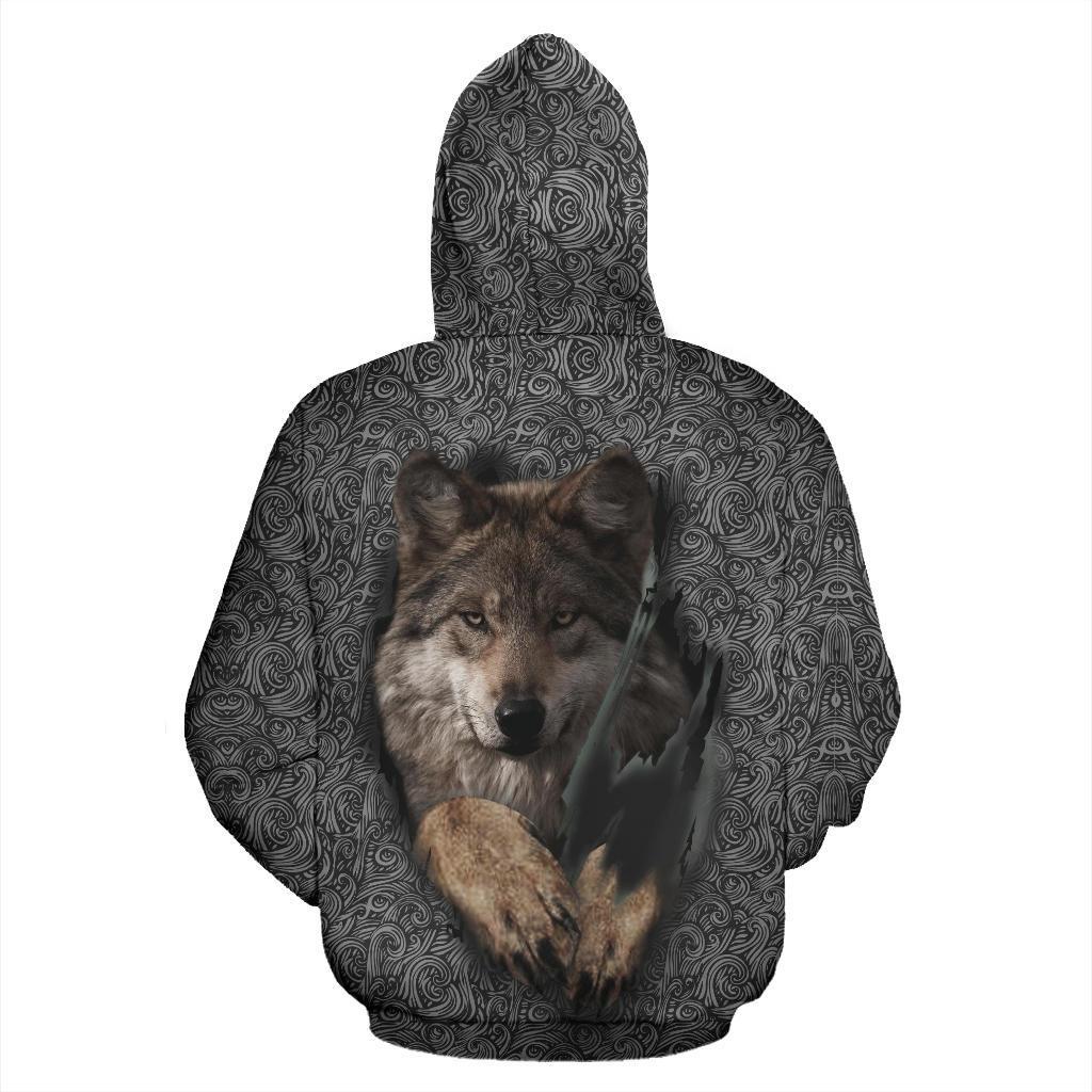 All-over wolf head pullover hoodie with black swirl print; hooded neckline and drawstrings