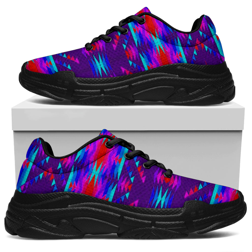 Purple geometric patterned chunky sneakers with black sole, lace-up front