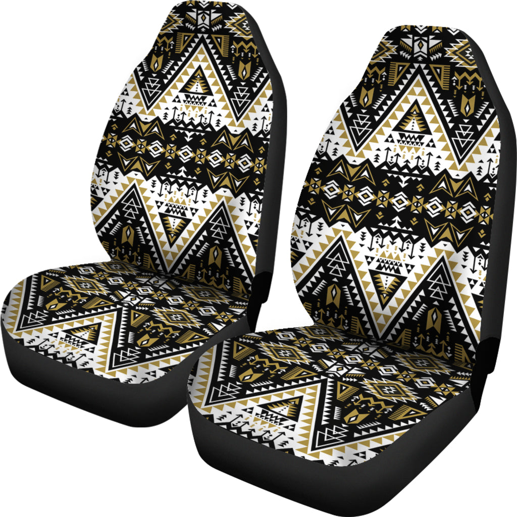 Set of two front seat covers with black, white and gold geometric tribal print