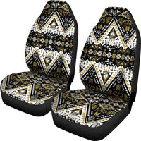 Set of two front seat covers with black, white and gold geometric tribal print