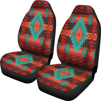 Set of two front car seat covers, red geometric print with teal and orange accents, black sides