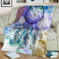 Full-color dream catcher throw blanket with blue-purple feathers and hanging charms design