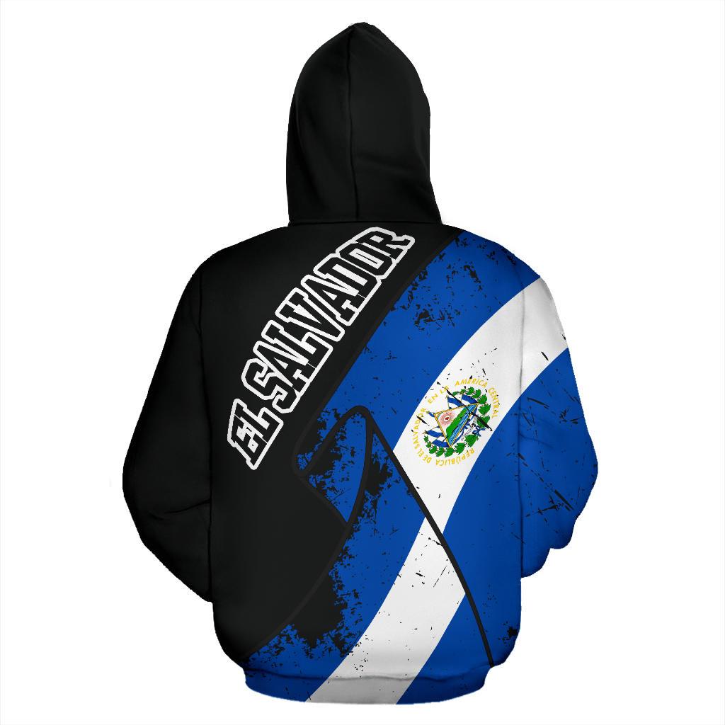 Pullover hoodie back with El Salvador grunge flag print and big EL SALVADOR text