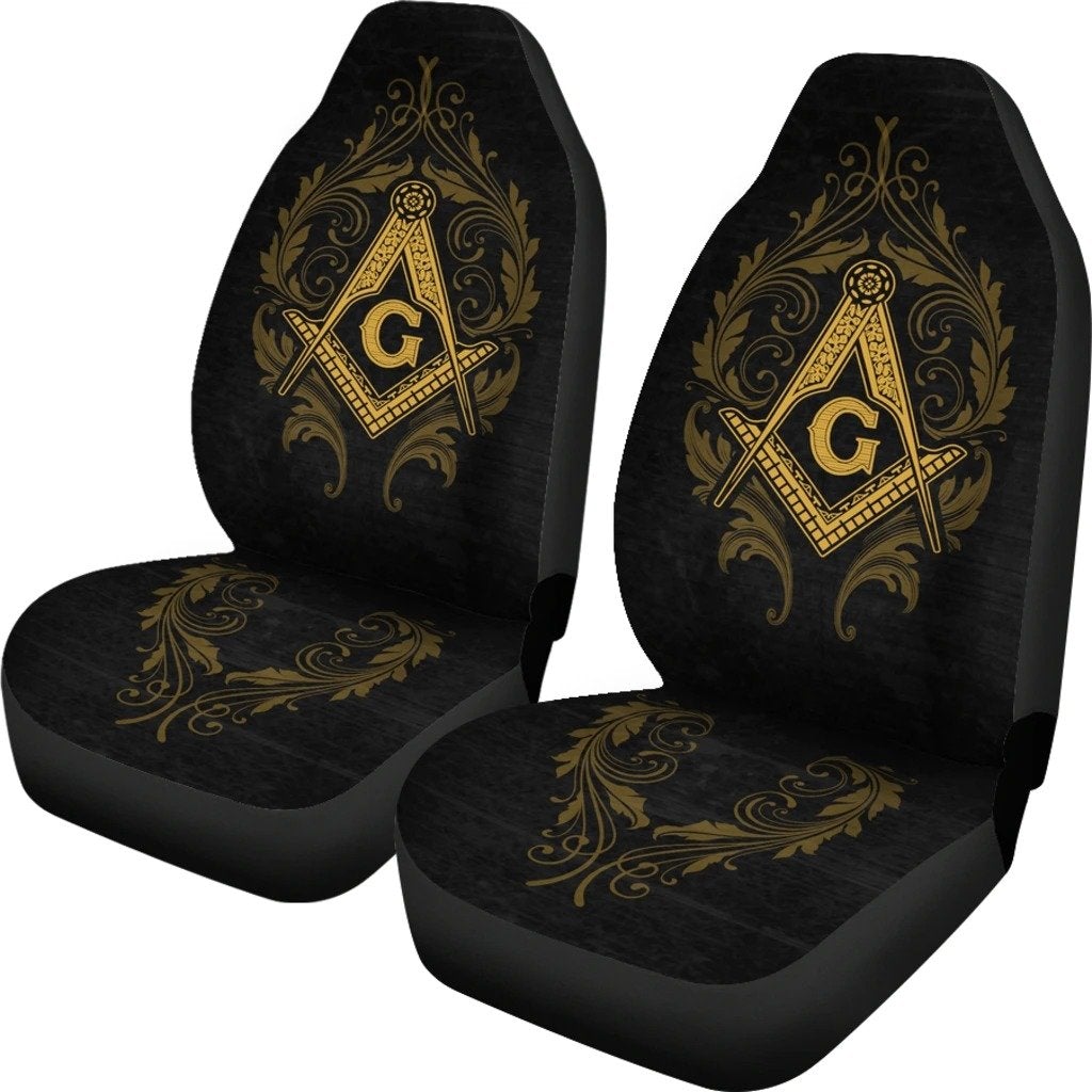 Black seat cover set with gold Freemason emblem on front seats