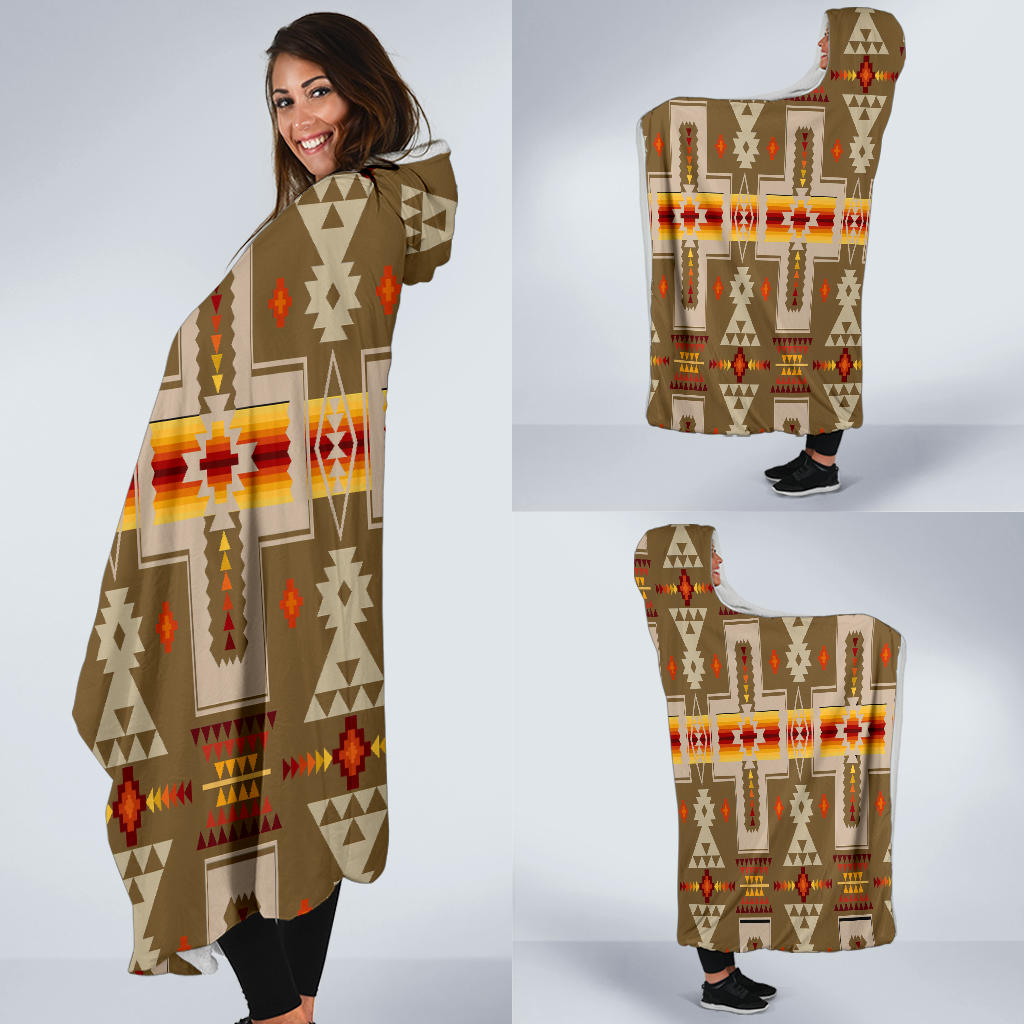 Multicolor Native American hooded blanket worn like a poncho, hood up
