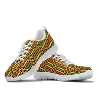 Kente sneakers with white sole, multicolor geometric patterned upper and white laces
