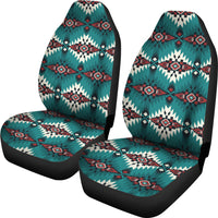 Two-seat set: teal, red, and white Aztec-style geometric pattern car seat covers