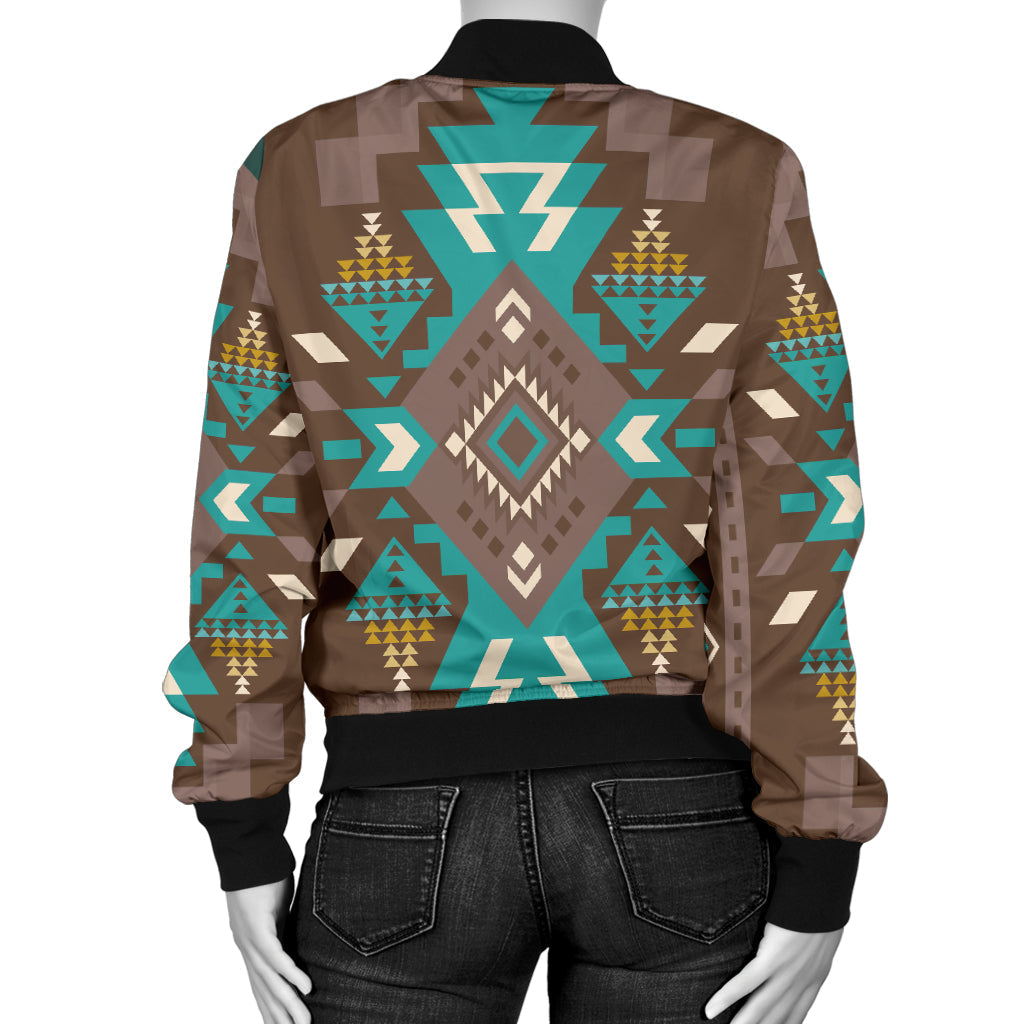 Multicolor geometric print bomber jacket, black ribbed cuffs, back view.