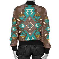 Multicolor geometric print bomber jacket, black ribbed cuffs, back view.