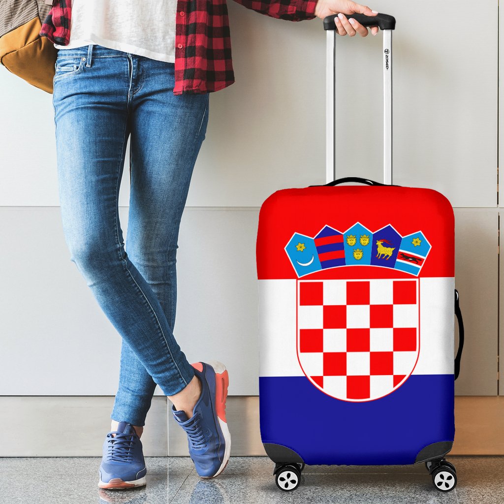 Croatia flag luggage cover on rolling suitcase with telescoping handle and zipper