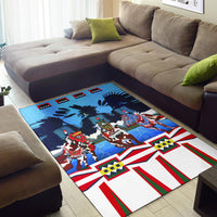 Blue multicolor area rug with horses in costumes, footprints graphic, and striped border
