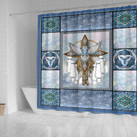 Snowy owl dreamcatcher shower curtain: central eagle/feather figure with dreamcatcher motifs