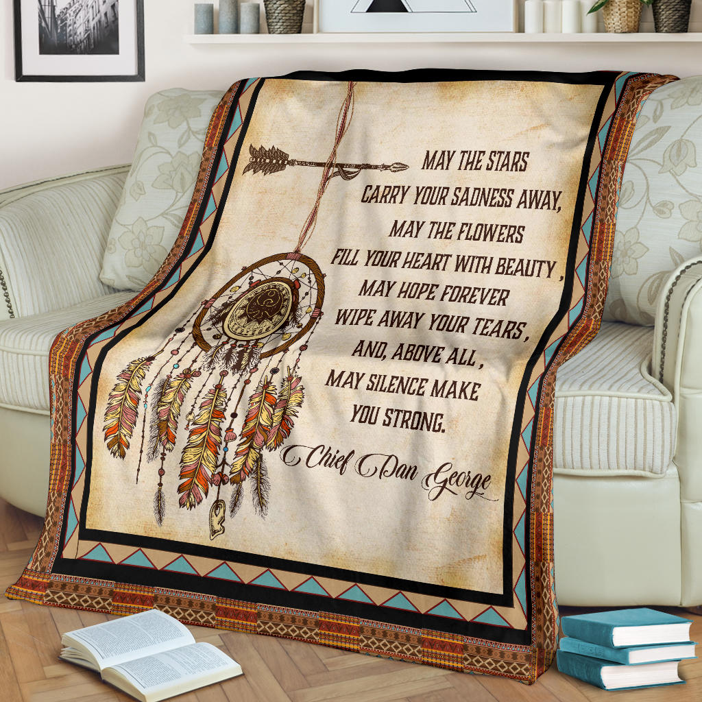Dreamcatcher motif and quote text centered on multicolor native-style throw blanket