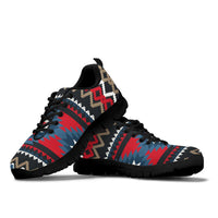 Ornamental patterned sneakers with black trim and laces, side and toe view