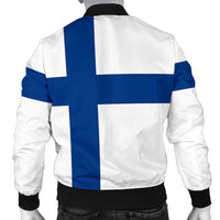 Back view bomber jacket with Finnish flag blue-and-white cross, black waistband and ribbed cuffs