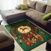 Green horse pride area rug on living room floor, large central horse with colorful feather design