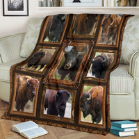 Multicolor buffalo/bison blanket with nine wildlife squares in ornate gold frames