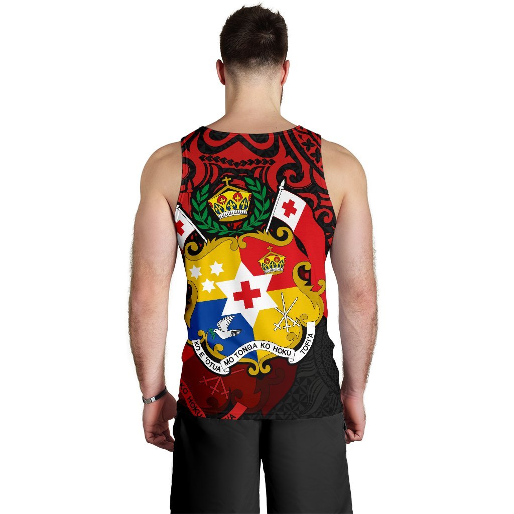 Back view: red Tongan pride tank top with crest, cross symbols, and flag graphic