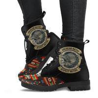 Native American-style leather boots with colorful embroidered toe and side pattern