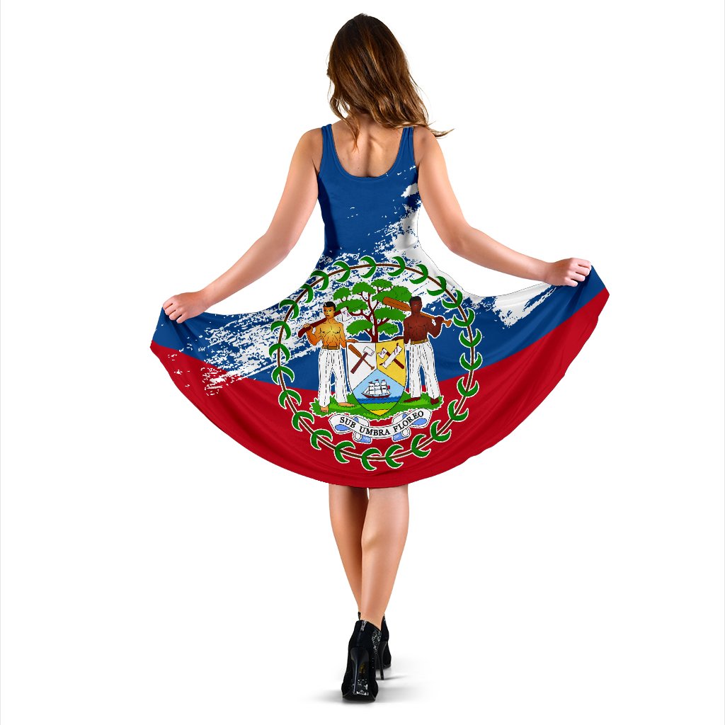 Belize Special Dress back view: sleeveless blue dress with crest graphic, red skirt hem