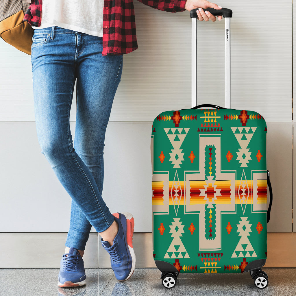 Light green luggage cover with multicolor tribal design, suitcase on wheels being pushed.