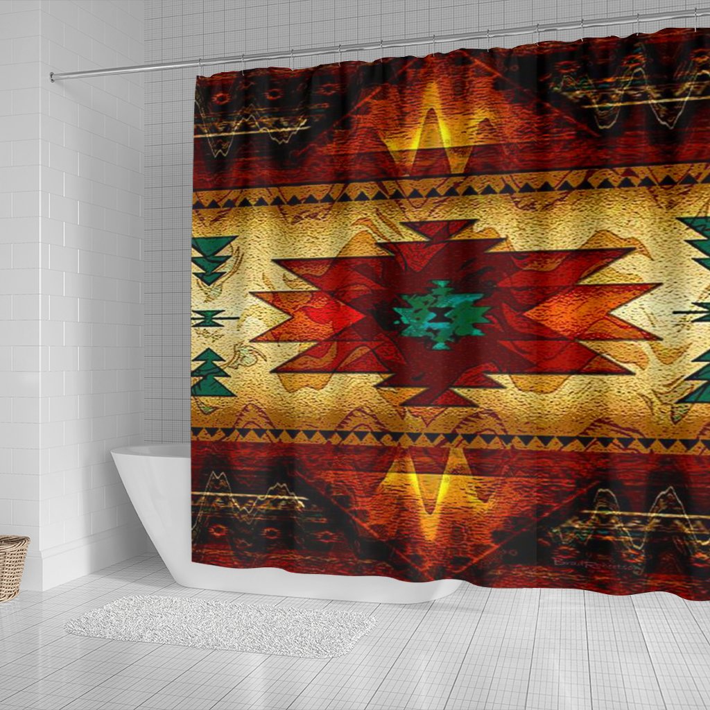 Brown native American geometric shower curtain, multicolor star and borders