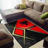 Black and red Albanian flag rug with eagle emblem, gold frame and abstract squares