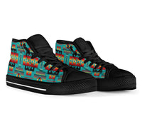 High-top sneakers with Native Tribes pattern, black laces, turquoise multicolor print