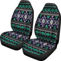Pair of neon tribal car seat covers with teal and purple geometric pattern on dark base