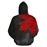 Back view: zip-up hoodie with all-over maple leaf print, black/red, hood