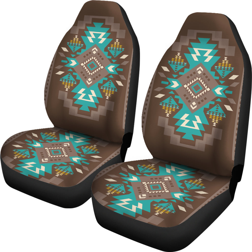 Set of LT10 seat covers: two front seats with teal, brown, and multicolor pattern