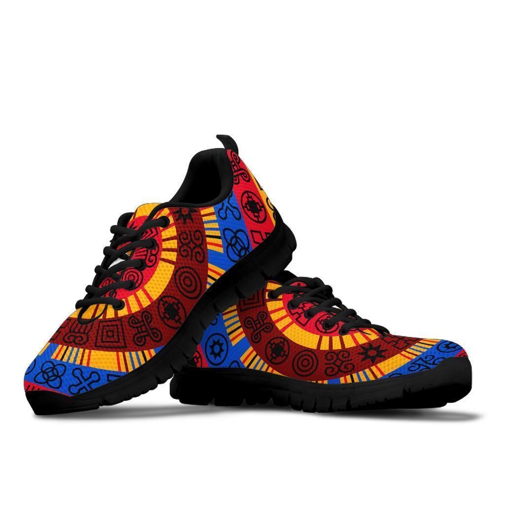 African Adinkra circle sneakers, black sole, multicolor patterned uppers, lace-up